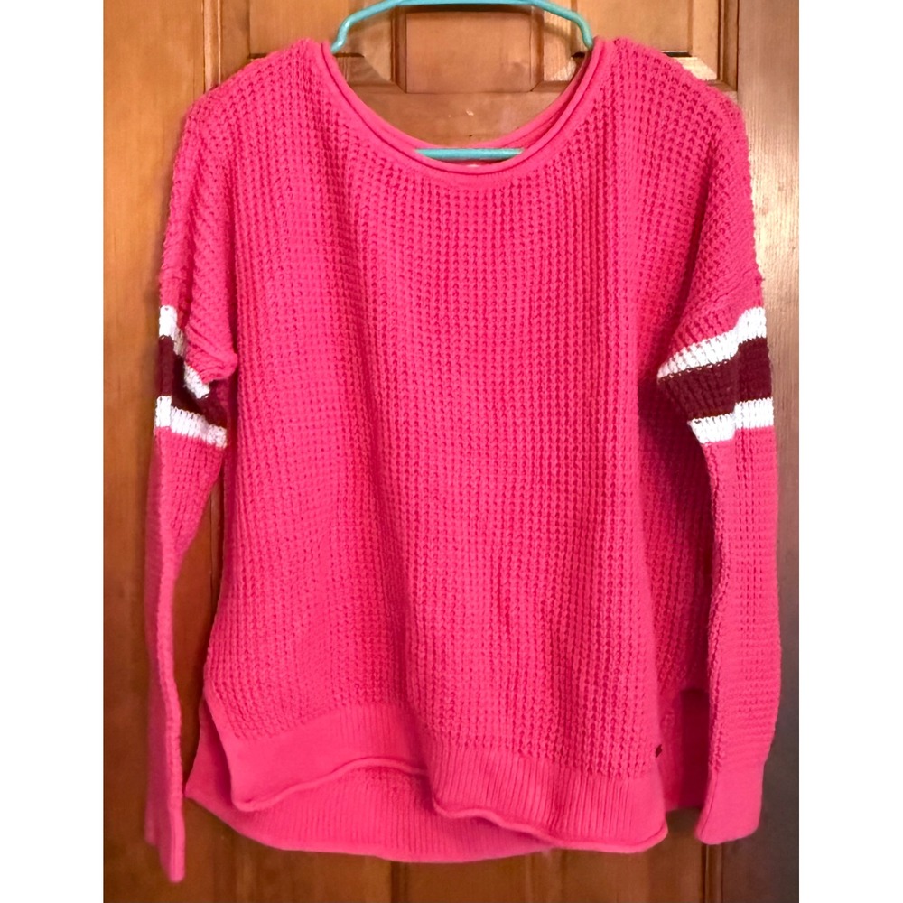 Hollister Hot Pink Waffle Knit Varsity Stripe Sweater Small Sporty Crew Neck